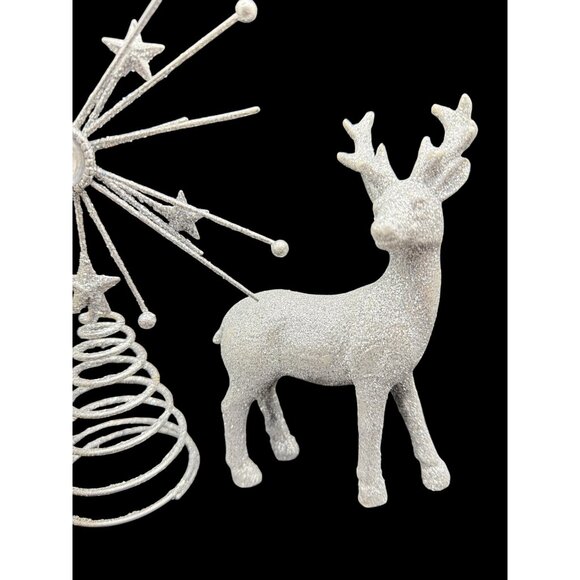 Vintage Glitter Silver Christmas Figurines Set w/ Santa, Reindeer, & Tree Topper - Picture 5 of 6